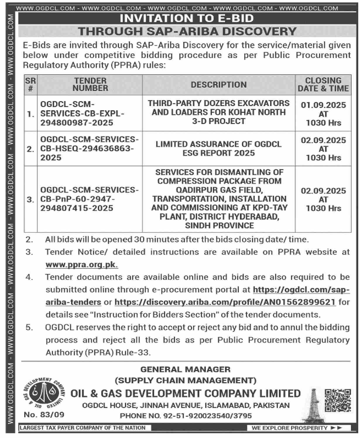 Oil & Gas Development Company Limited Islamabad Tender Notice